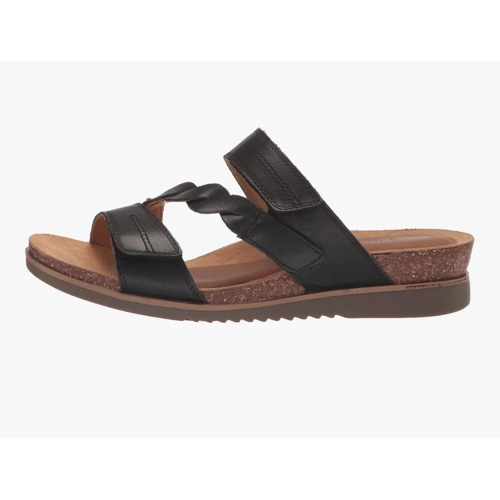 Cobb Hill Black Leather Braided Adjustable Cork Wedge Slide Sandals Womens‎ 8.5